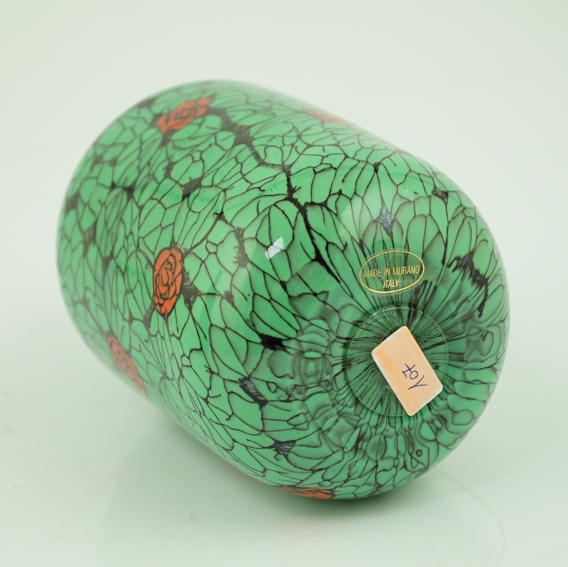 Vittorio Ferro (1932-2012) A Murano glass Murrine vase, with green leaves and red rose buds, signed, 19cms, Please note this lot attracts an additional import tax of 20% on the hammer price